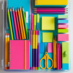 Obraz premium Colorful and Organized Still Life of School Supplies stationery items pencils colors notebooks calender display