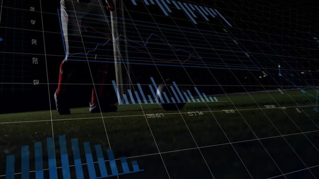 Kicking soccer ball, player over financial data charts and graphs animation - Powered by Adobe