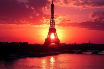 Fototapeta premium Silhouette of the Eiffel Tower at Sunset with Red Sky and Water Reflections