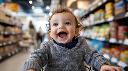 A happy, curly-haired baby is sitting in a shopping cart in a store aisle, joyfully smiling and spreading positivity amidst shelves filled with various products.