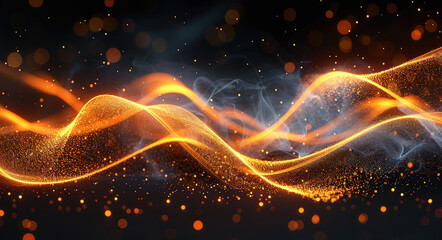 A dark black background with golden and orange flowing lines, technological marvels, bokeh, smokey background. Generative AI.