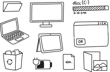 Icons technology for working vector illustrations computer, tablet, disc, laptop, folder, document, folder