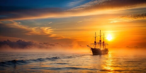 Fototapeta premium Silhouette of ship on misty sea at sunset creating a serene atmosphere