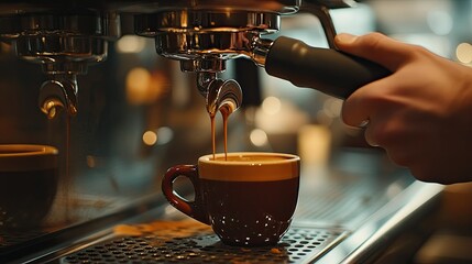 A barista concentrates on pulling a perfect espresso shot from a professional machine, with rich, dark coffee flowing into a small ceramic cup