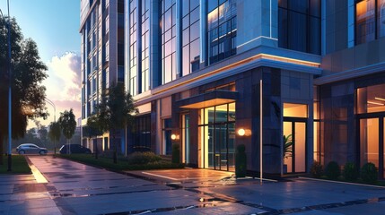 Fototapeta premium Modern Building Entrance at Dusk