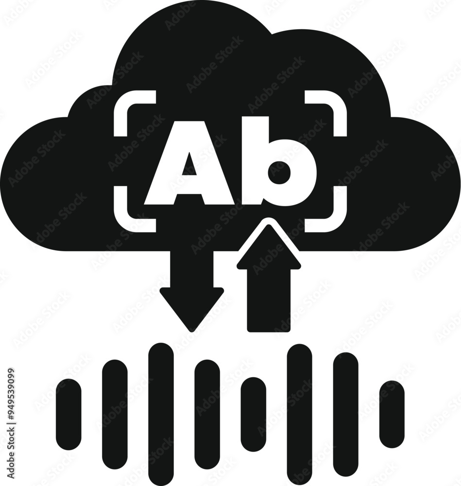 Poster black and white vector illustration of a cloud computing system transferring data to a sound wave sy