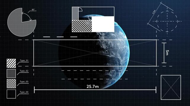 Rotating Earth with geometric shapes and measurements animation