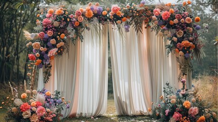 Boho theme color symmetrical wedding backdrop outdoor Park with floral decoration on the side natural light. Generative AI.