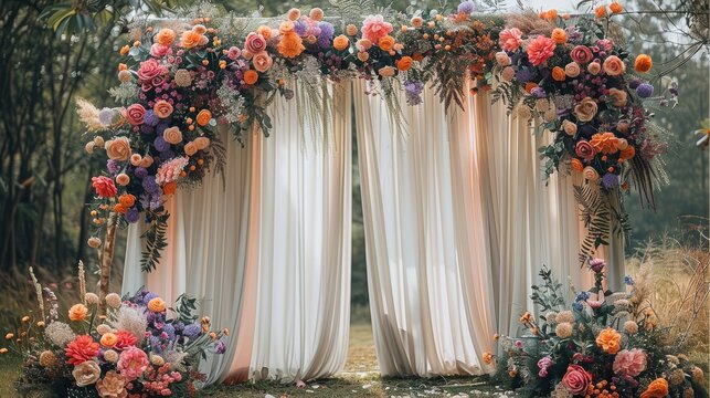 Boho theme color symmetrical wedding backdrop outdoor Park with floral decoration on the side natural light. Generative AI.