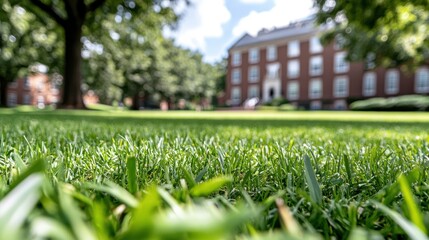 An expansive green lawn on a university campus with large trees and a historic red brick building in the distance against a backdrop of a partly cloudy sky.