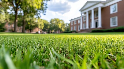 A vibrant green lawn extends towards a stately classical building with white columns and brick facade, surrounded by tall leafy trees and clear blue sky.