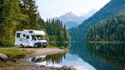 A white campervan is parked beside a serene lake, surrounded by dense green forest and high mountains in the background, capturing the essence of a peaceful retreat.