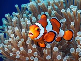 Amphiprioninae clown fish on deep blue sea color background
