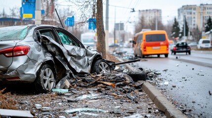 Obraz premium An image depicting a severe car accident with a badly damaged vehicle on the roadside, highlighting the aftermath and destruction caused by the collision.