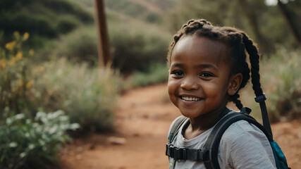 child toddler african girl hiking trail background portrait 