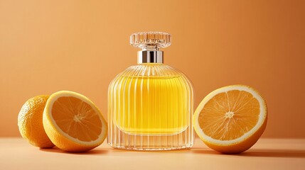 Sunny yellow perfume bottle with citrus