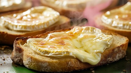 Melting brie cheese on bread, steam rising, soft gooey texture, rich golden hue, crisp details, large negative space, pink and green gradient