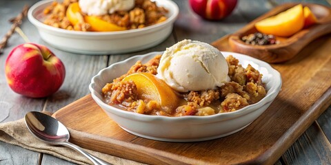 Freshly baked peach crisp with oat and brown sugar topping served warm with vanilla ice cream