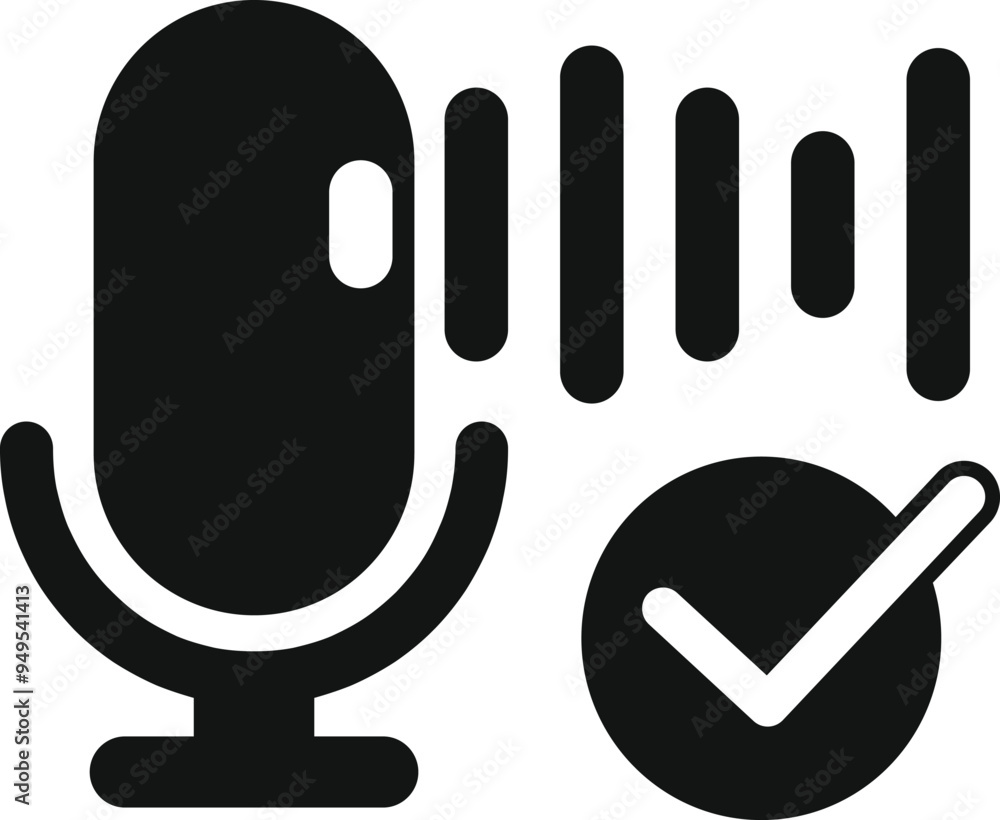 Poster simple vector showing a microphone recording a voice with a sound wave and a check mark, great for r