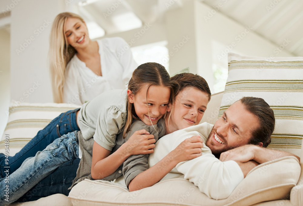 Poster Home, happy children and family pile with father on sofa for love, care or bonding together in lounge. Smile, kids and parents stack on couch with mother, down siblings play or lying for support