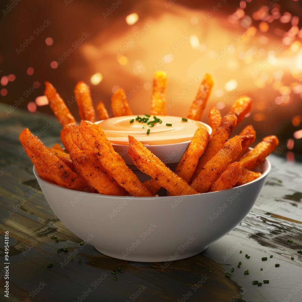 Sticker Crispy sweet potato fries with creamy sauce in a bowl.