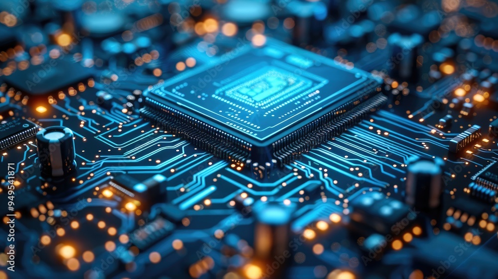 Poster Digital blue circuit board with a chip, a technological background. Digital technology concept. the chip and the lines of electronic circuits that form an intricate pattern on it. Generative AI.