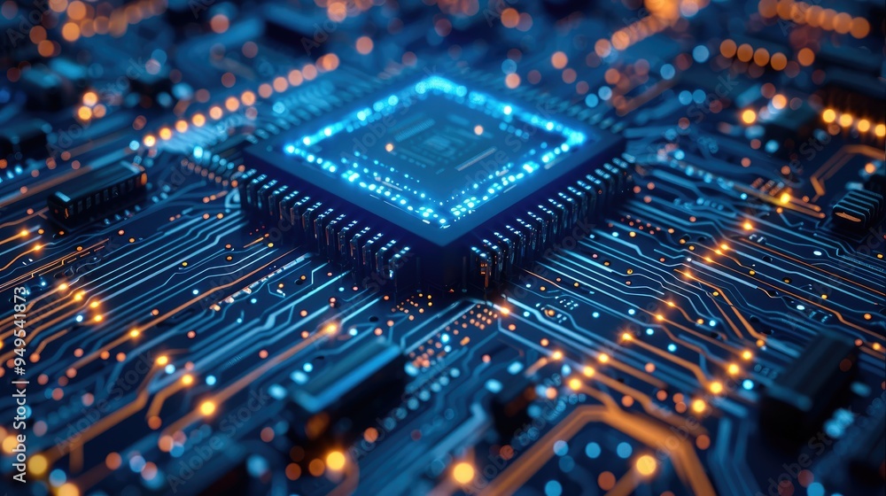 Poster digital blue circuit board with a chip, a technological background. digital technology concept. the 