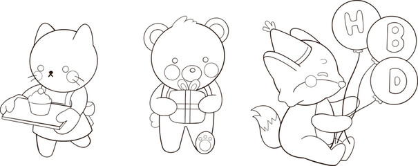 a cat holding a tray with a cupcake on it and a teddy bear holding a gift box on a white background and Coloring page fox holding balloons for birthday party.eps