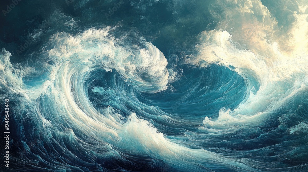 Poster abstract elegant digital image of smooth, shimmering waves in a stormy sea, with flowing swirls agai