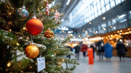 A beautifully decorated Christmas tree with assorted ornaments in a brightly lit, bustling shopping center, capturing the festive atmosphere and holiday spirit.