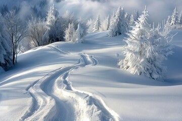 Obraz premium A hill covered in snow with trees and clouds in the background, Snow-covered landscapes with winding ski tracks