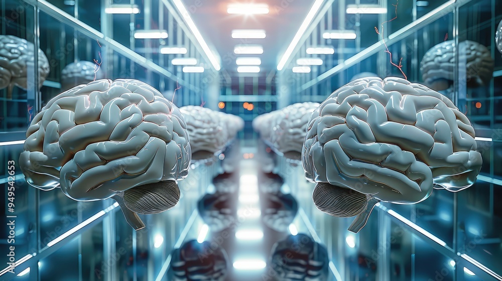 Poster A lot of human brains connect as a computer in a database. Generative AI.