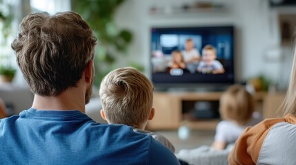In the living room, a father sits closely with his children, all focused on watching a family program on the TV, highlighting a moment of togetherness and shared experience.