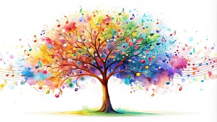 Colorful puzzle tree made of music notes in abstract watercolor painting