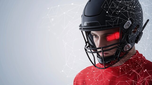 The Future of Sports: A close-up portrait of a determined football player wearing a futuristic helmet with glowing red eyes, set against a backdrop of glowing lines representing the interconnectedness
