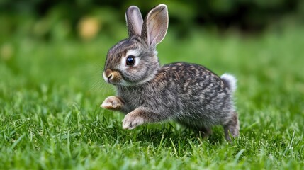 Fototapeta premium A cute baby rabbit dashes across the grassy yard, pausing to nibble on fresh blades of grass. A perfect representation of playful pets loved by many.