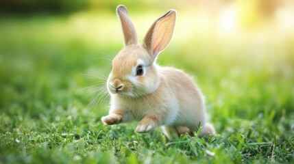 Fototapeta premium A cute baby rabbit frolicking in the yard, nipping at the grass with excitement. Ideal for a pet-themed stock photo capturing the joy of owning a rabbit.