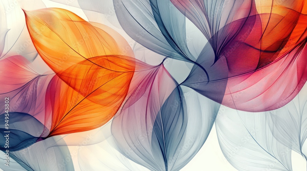 Poster beautiful colorful transparent leaves, overlapping in a dynamic abstract pattern, with a white-light
