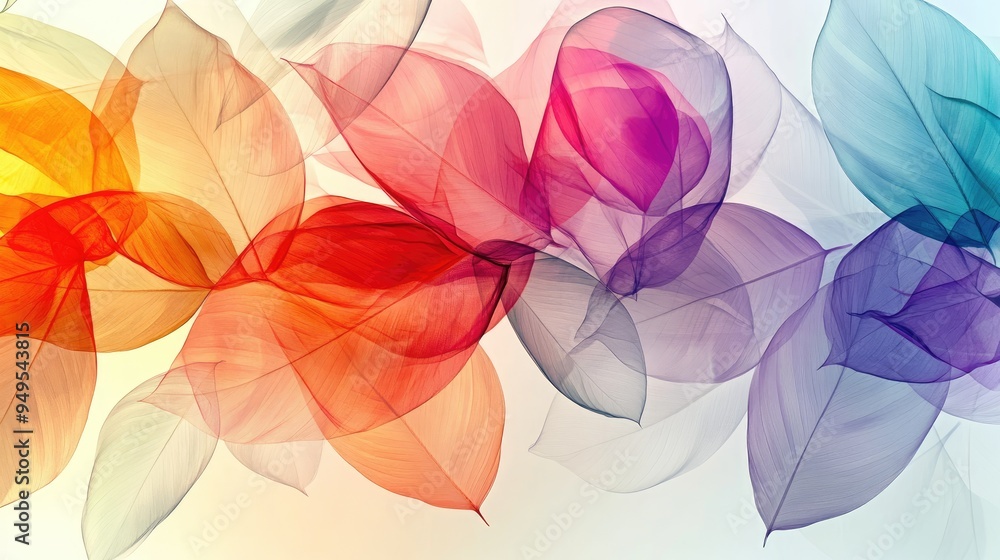 Poster beautiful colorful transparent leaves, overlapping in a dynamic abstract pattern, with a white-light
