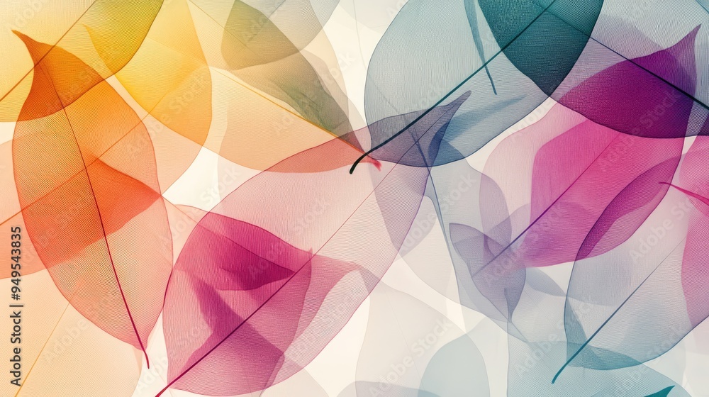 Poster beautiful colorful transparent leaves, overlapping in a dynamic abstract pattern, with a white-light