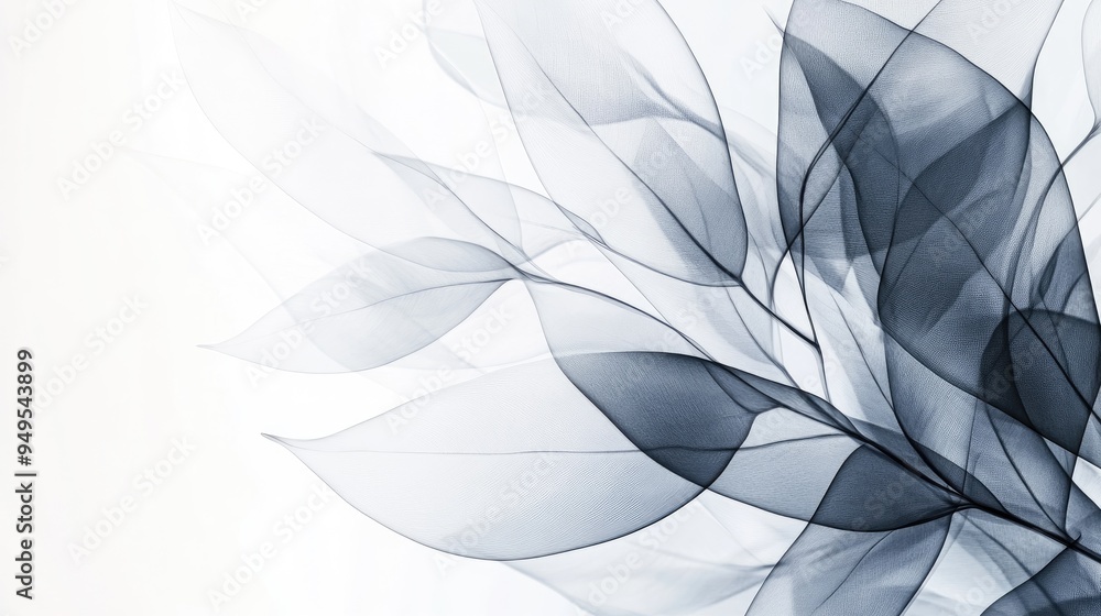 Poster beautiful overlapping transparent leaves in a dynamic abstract design, set against a white-light gre