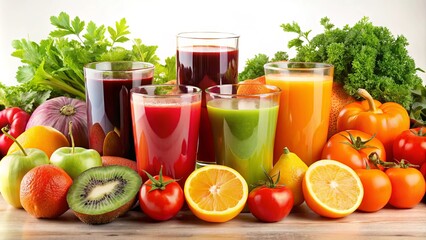 Fresh fruits and vegetables surrounding glasses of juice, symbolizing health and vitality