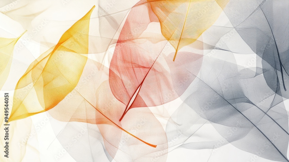 Poster beautiful transparent leaves in vibrant overlapping patterns, set against a dynamic white-light grey