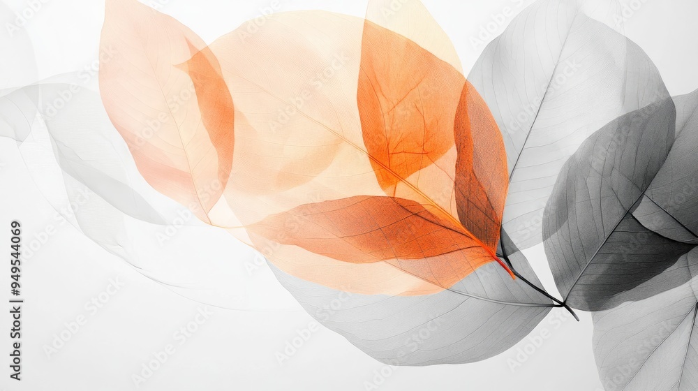 Poster beautiful transparent leaves in vibrant overlapping patterns, set against a dynamic white-light grey