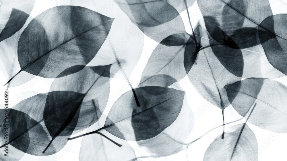 Poster beautiful transparent leaves in vibrant overlapping patterns, set against a dynamic white-light grey
