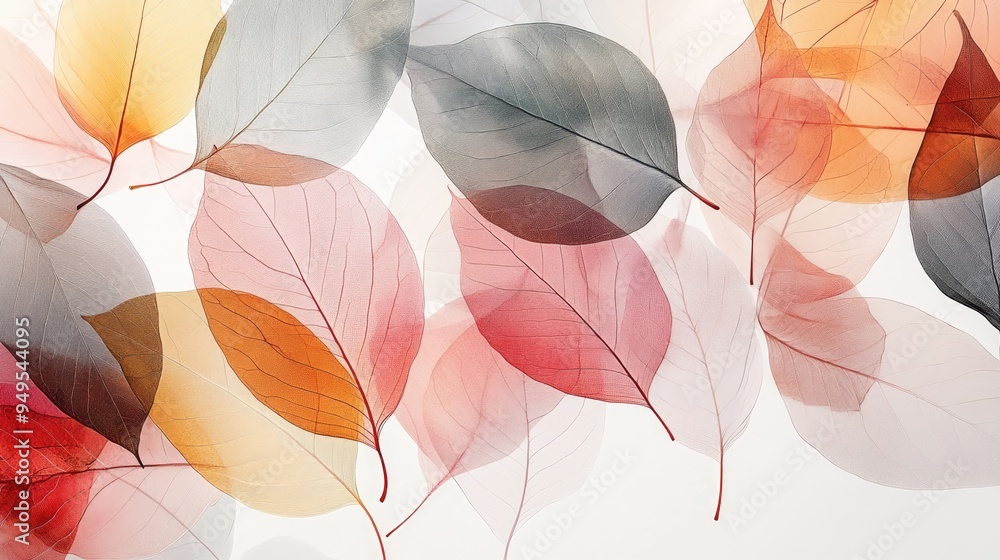 Poster beautiful transparent leaves in vibrant overlapping patterns, set against a dynamic white-light grey
