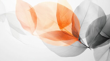 Beautiful transparent leaves in vibrant overlapping patterns, set against a dynamic white-light grey background, creating an abstract design