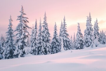 Pine trees covered in snow under a pink sunset, Snow-covered pine trees against a soft pink sunset