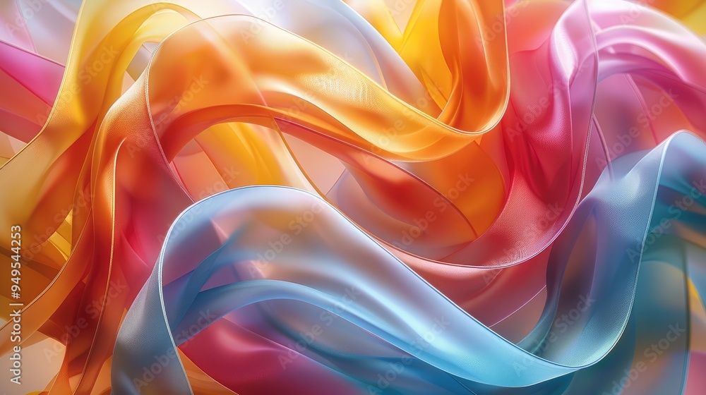 Poster abstract composition of colorful ribbons in motion. generative ai.