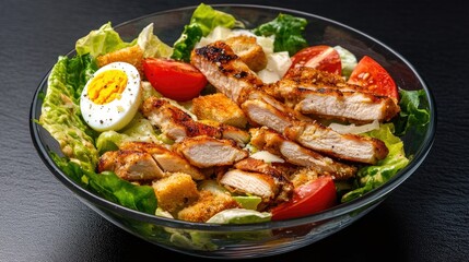 A delicious Caesar salad displayed in a clear glass bowl, with a mix of lettuce, ripe tomatoes, boiled eggs, and grilled chicken strips, garnished with parmesan and croutons